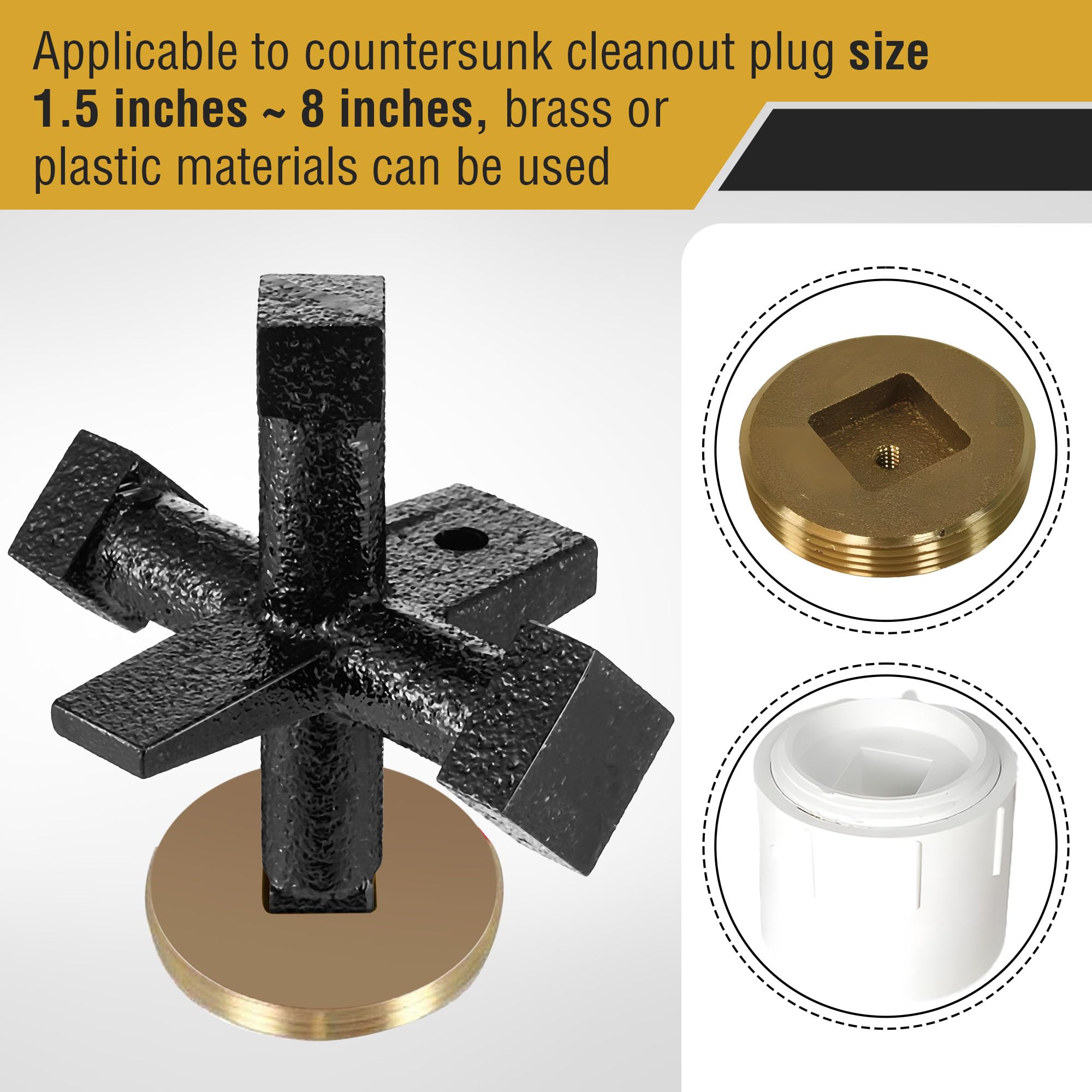 Feekoon cleanout wrench shows square plug sizes for versatile plumbing compatibility.