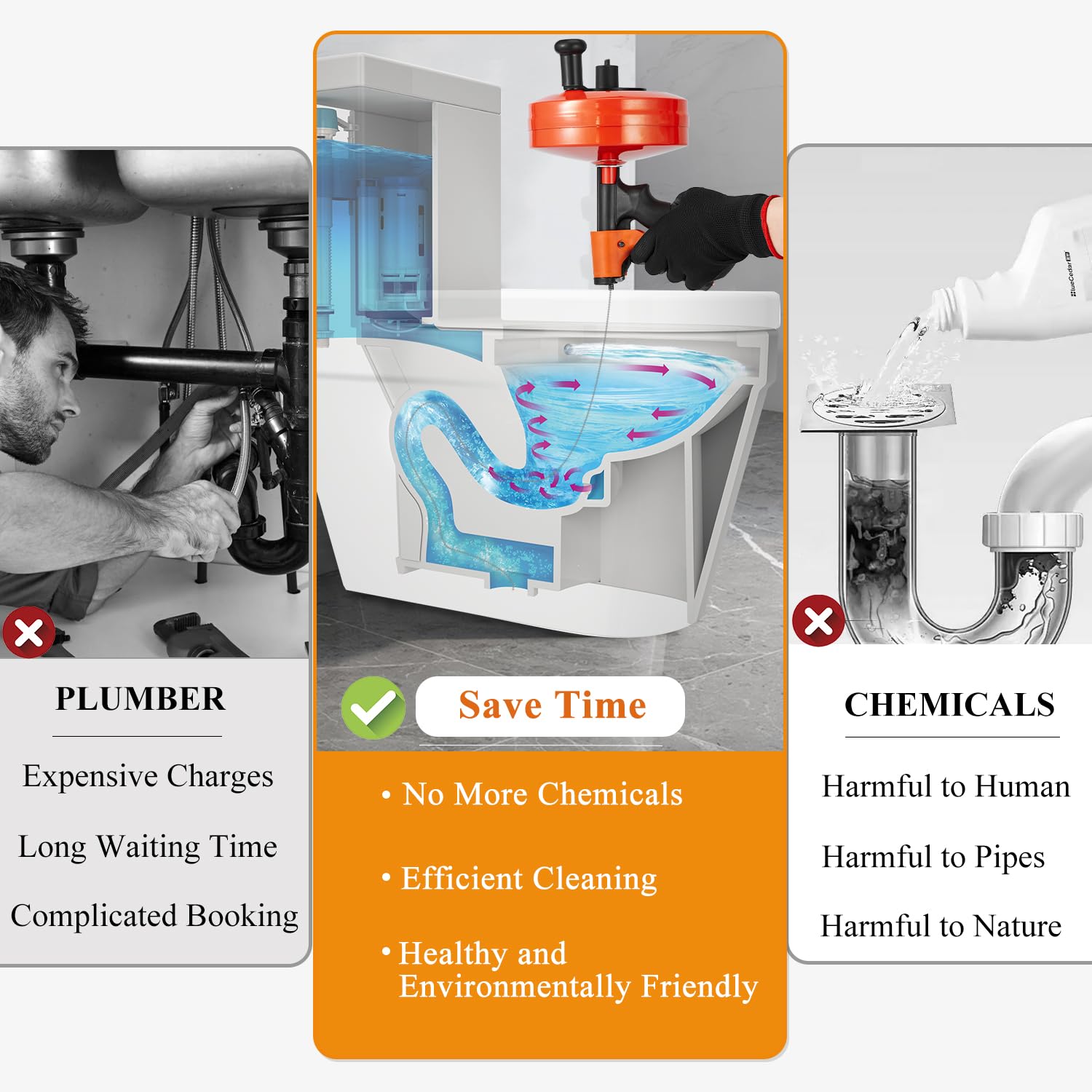 Feeloco cleaning hair clogs with plumbing snake during routine maintenance.