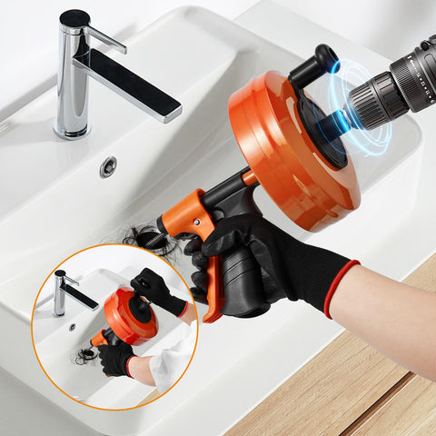 Feeloco heavy-duty drain auger handling tough clogs in toilets and showers.