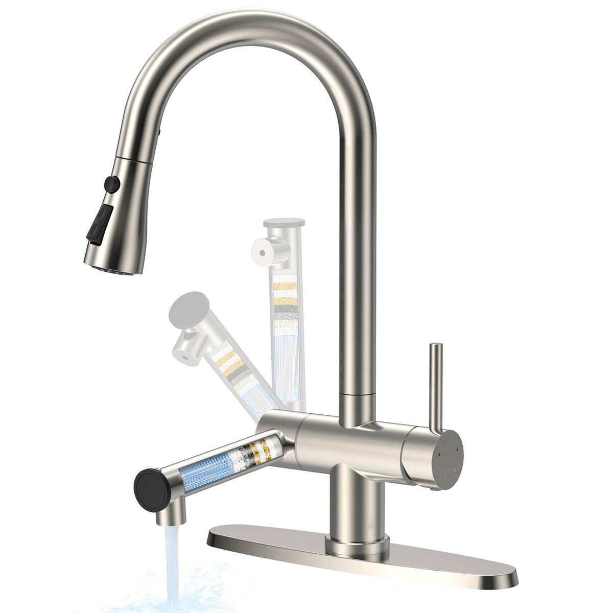 FEELSO filtered kitchen faucet pull-down spray for cleaner-tasting water.