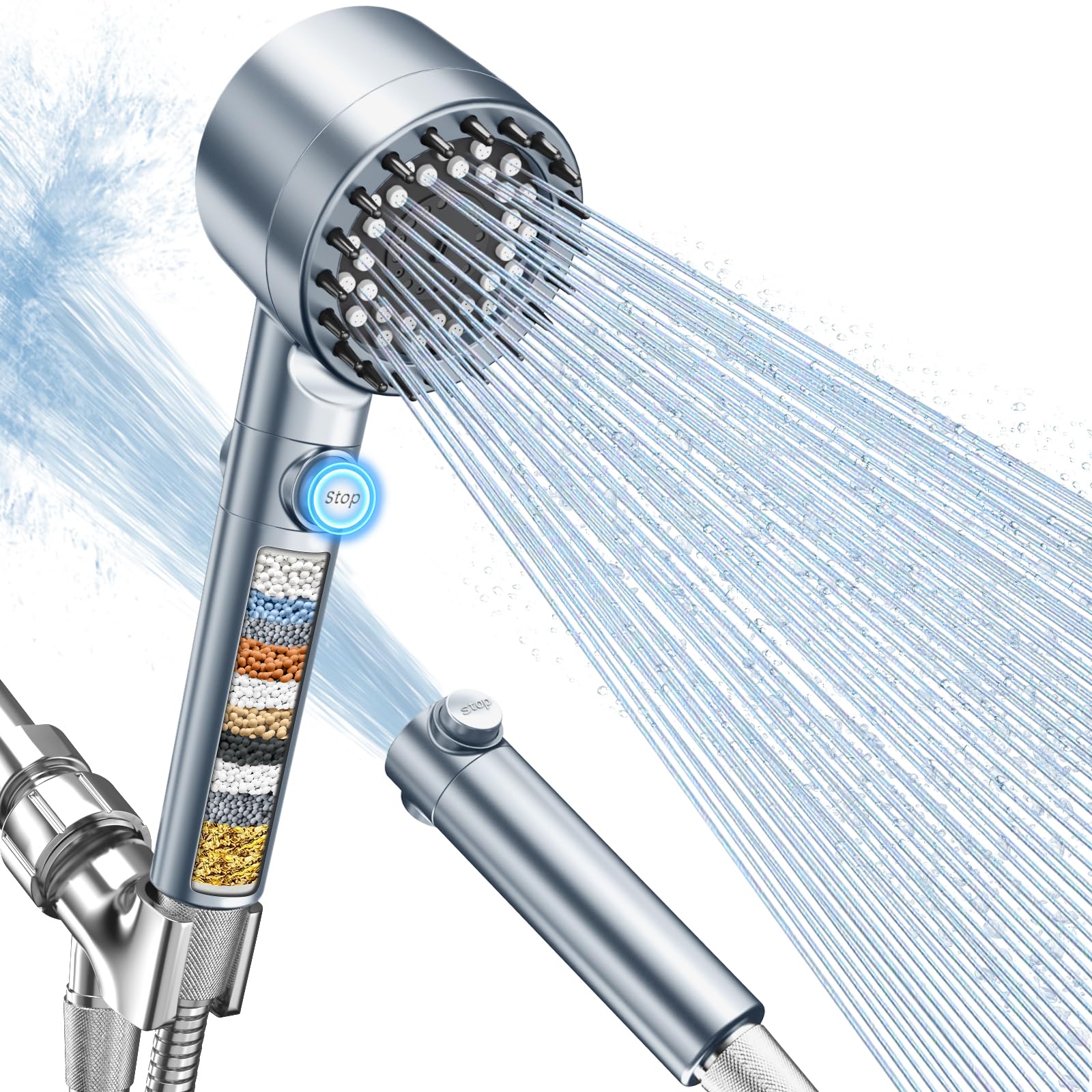 FEELSO filtered shower head with handheld front view delivering a strong spray.