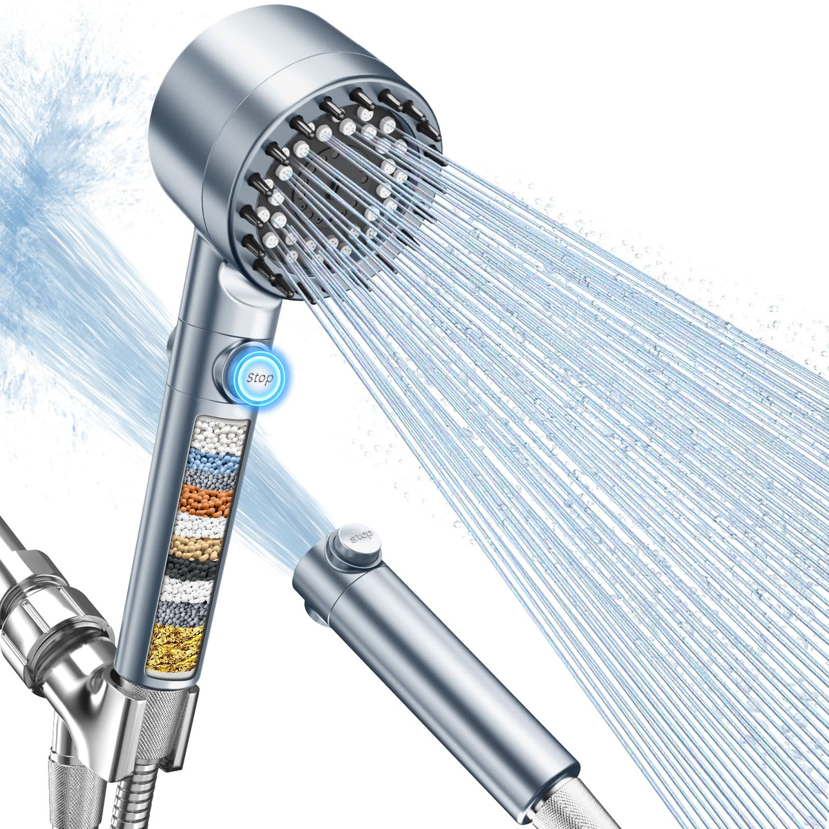 FEELSO filtered shower head with handheld front view delivering a strong spray.