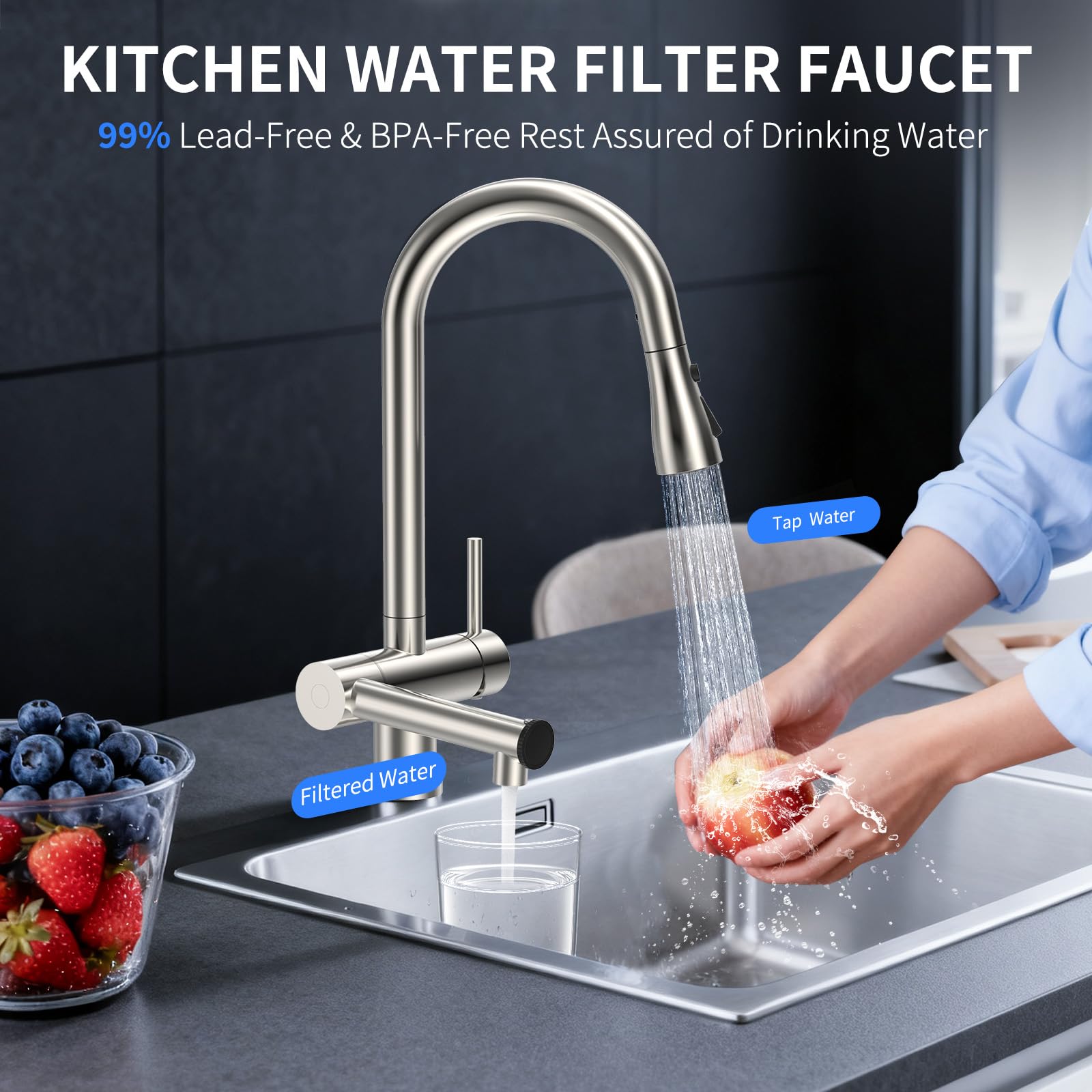 FEELSO 360-degree swivel faucet with pull-down spray for versatile sink access.