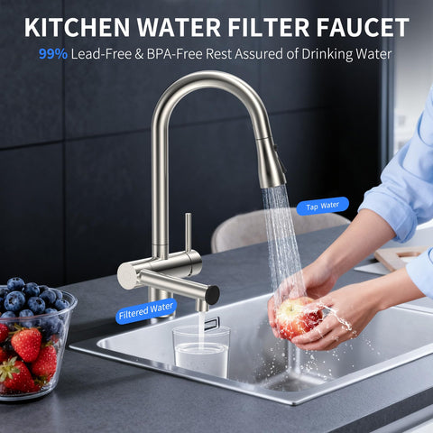FEELSO 360-degree swivel faucet with pull-down spray for versatile sink access.