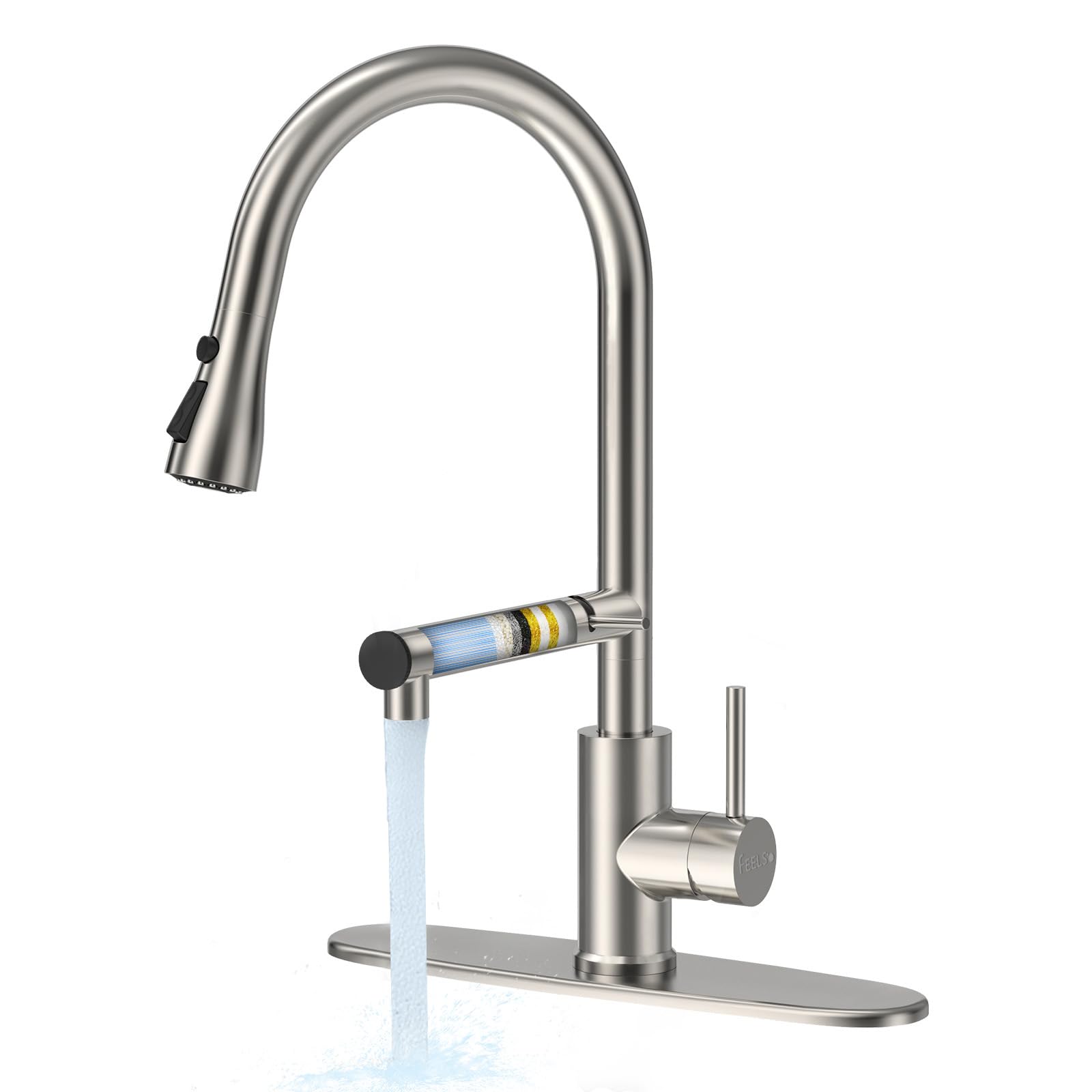 FEELSO brushed-nickel arc faucet adds a sleek centerpiece to any kitchen sink.