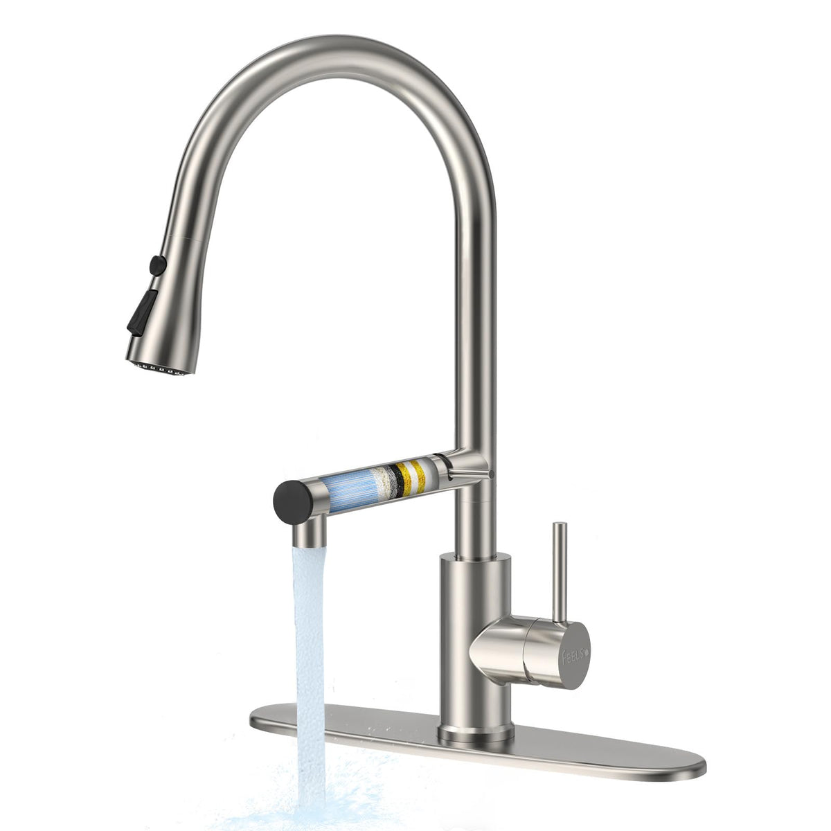 FEELSO brushed-nickel arc faucet adds a sleek centerpiece to any kitchen sink.