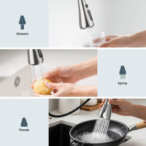 FEELSO brushed nickel finish resists fingerprints for a sleek kitchen look.