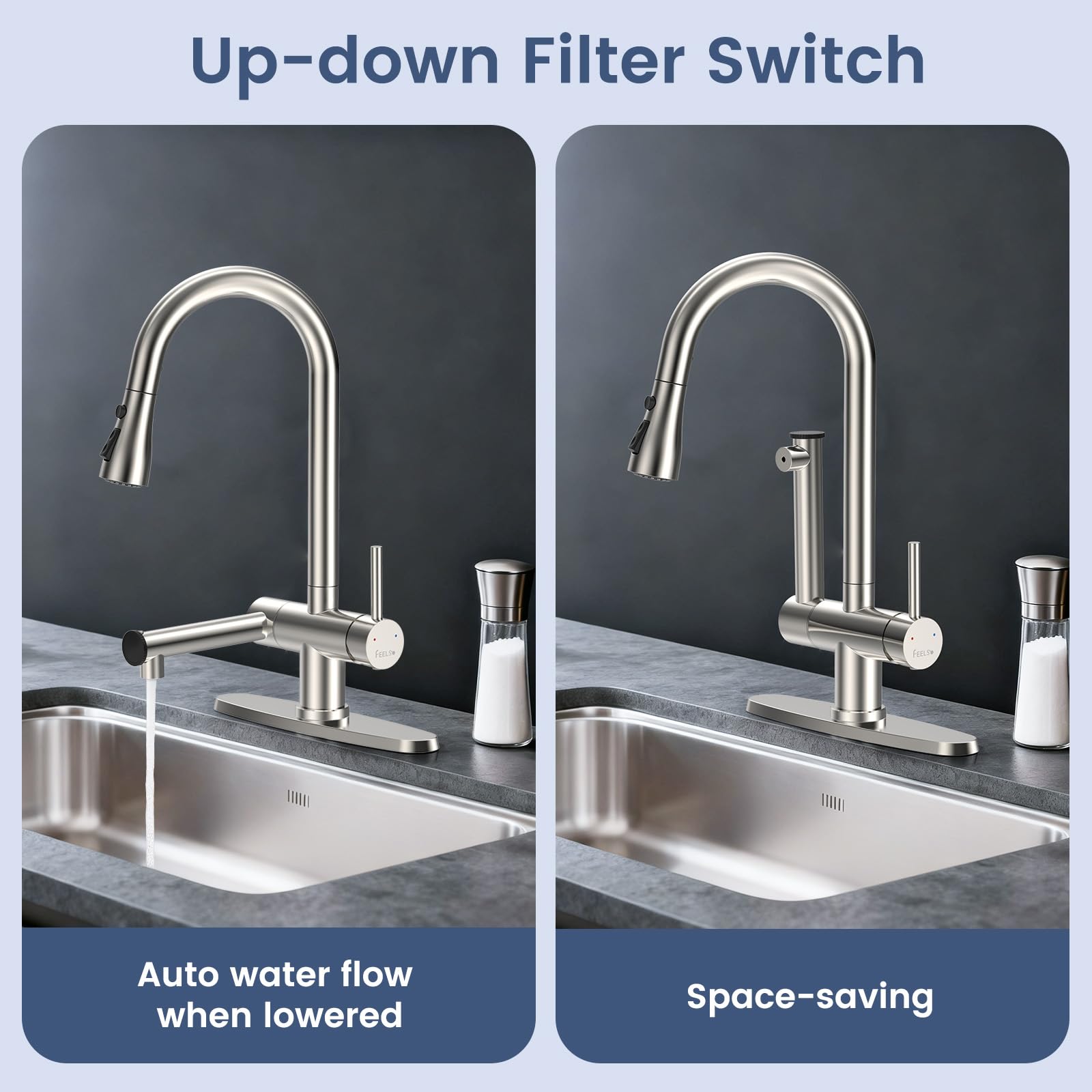 FEELSO three-mode spray kitchen faucet for heavy-duty and delicate rinsing.