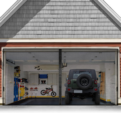 FEGO 16x7ft garage screen with magnetic closure for hands-free entry.