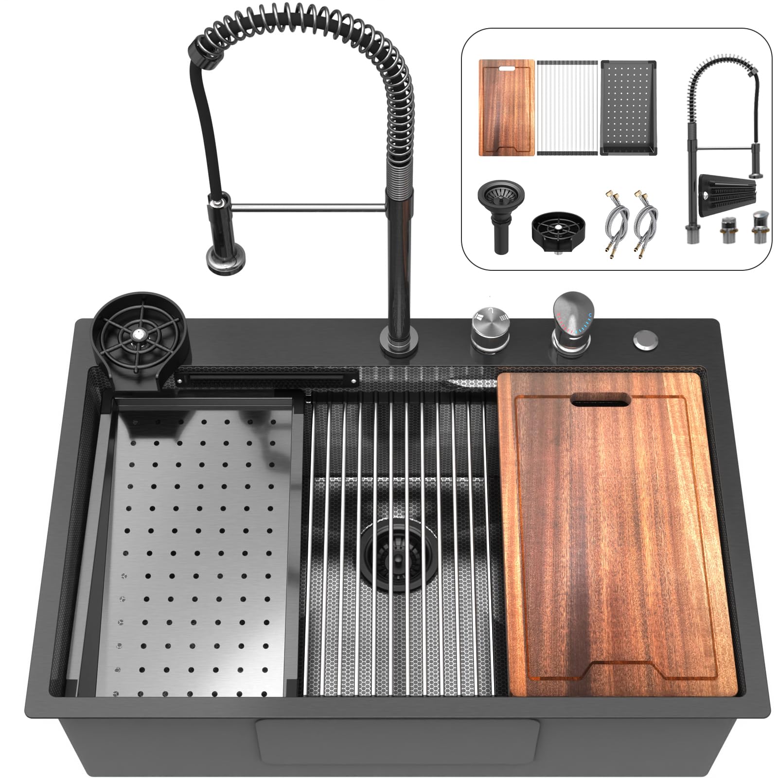 Feibus waterfall sink with faucet combo showing versatile water outlets and spout