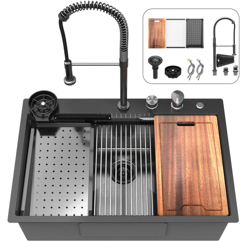 Feibus waterfall sink with faucet combo showing versatile water outlets and spout