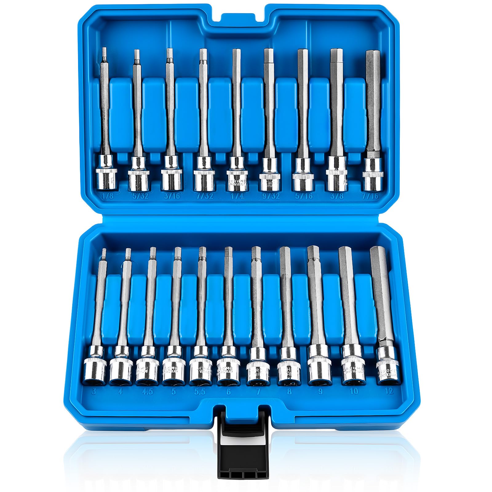 Feikenee 20PCS extra-long Allen hex bits in case for deep-fastener access.