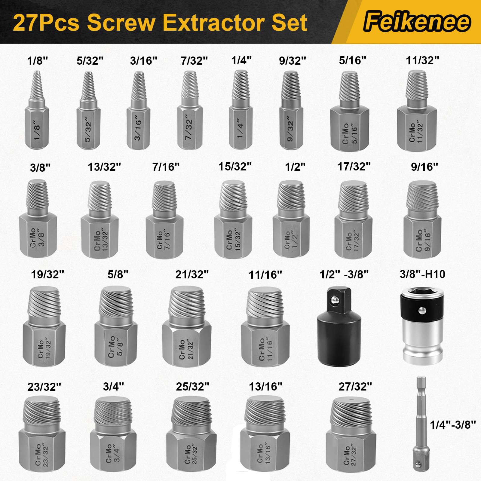 Feikenee screw extractor with spiral bites gripping a damaged screw