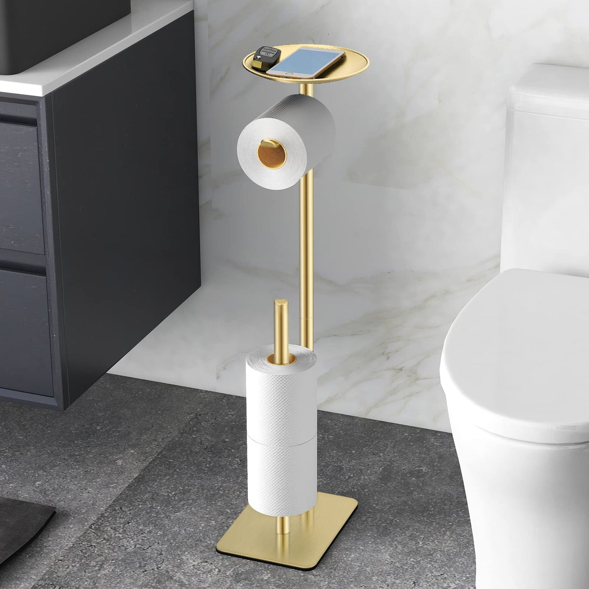 FEILERN floor toilet paper holder with four-roll capacity for convenient storage.