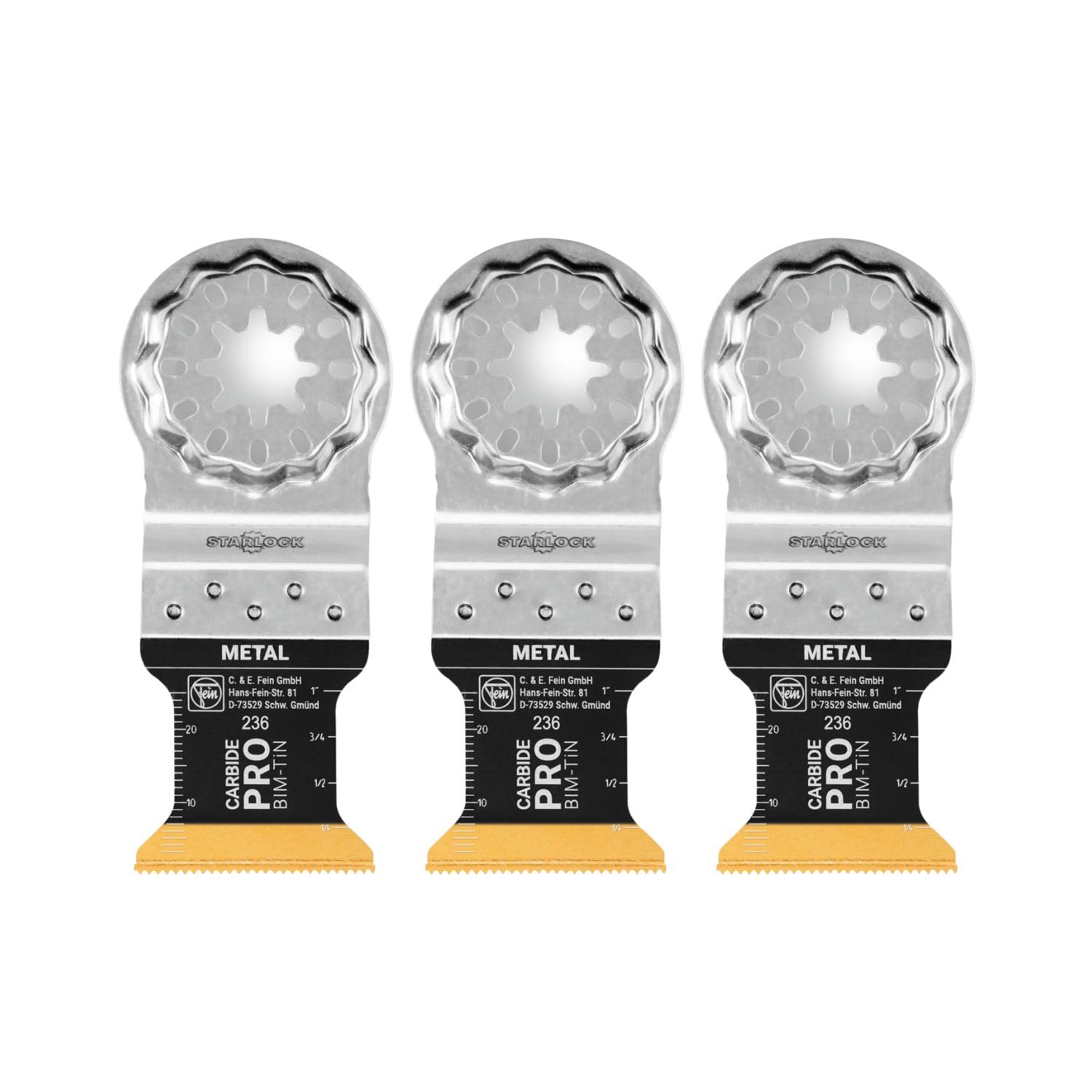 Fein Starlock E-Cut Carbide Pro blade mounted on multitool for secure, tool-free use