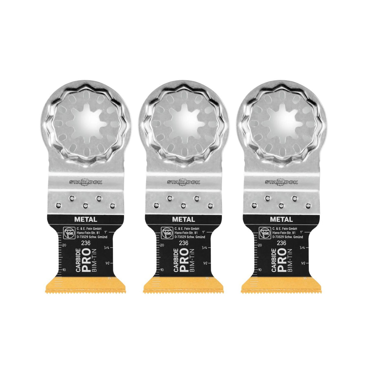 Fein Starlock E-Cut Carbide Pro blade mounted on multitool for secure, tool-free use