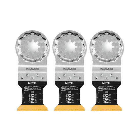 Fein Starlock E-Cut Carbide Pro blade mounted on multitool for secure, tool-free use