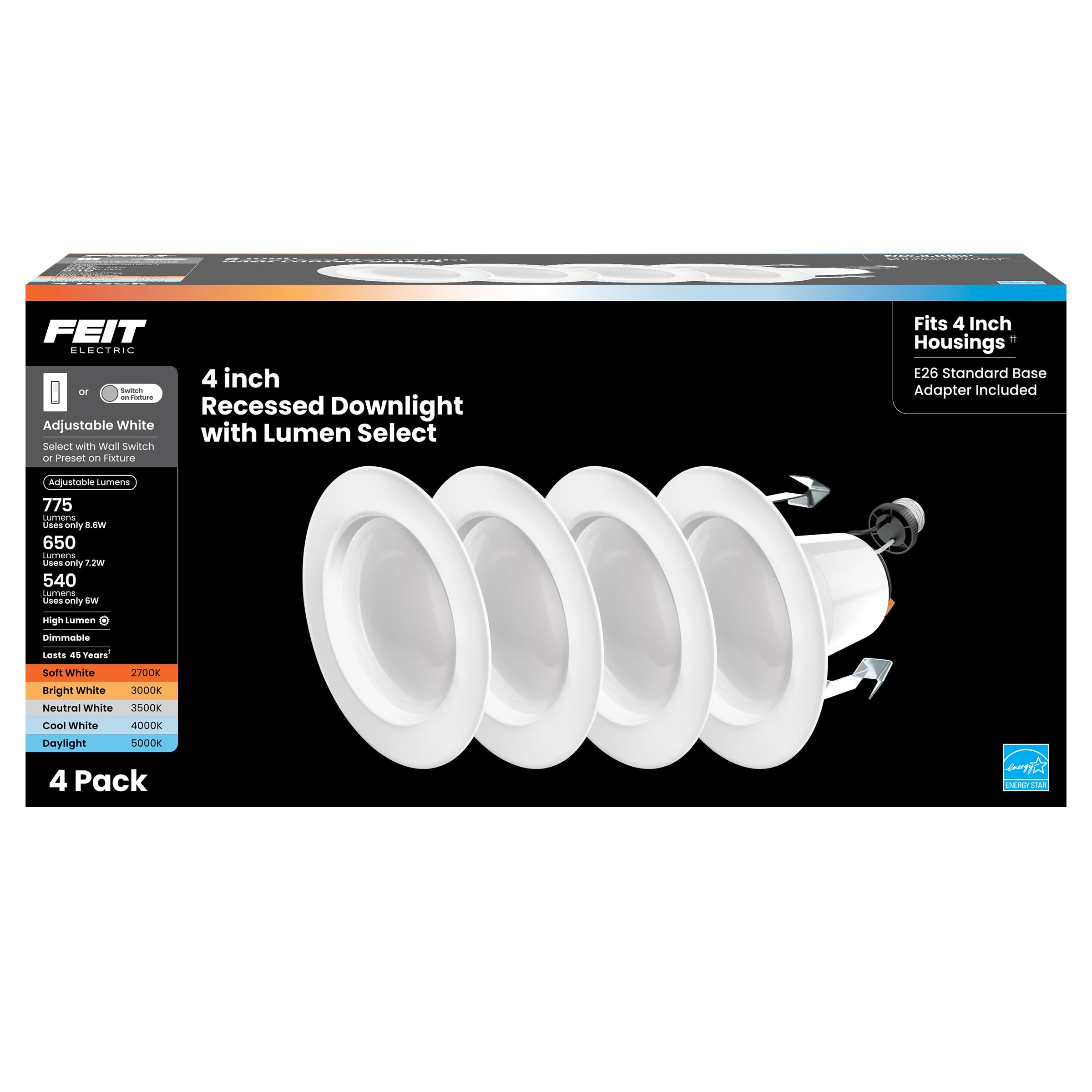 Feit Electric 4in downlight warm white 2700K lighting a cozy kitchen space