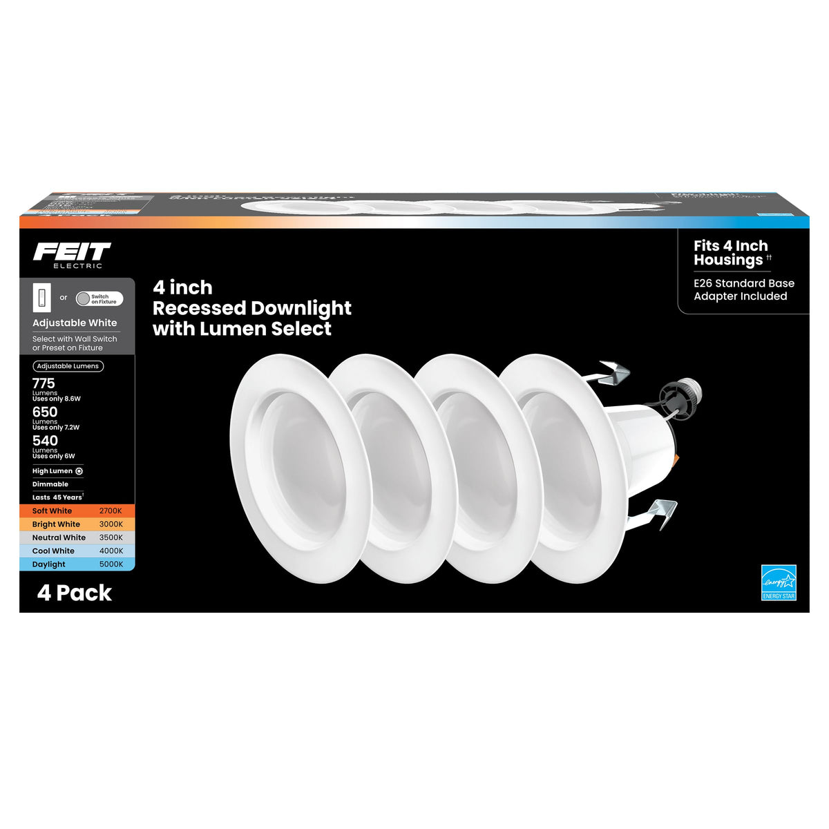 Feit Electric 4in downlight warm white 2700K lighting a cozy kitchen space