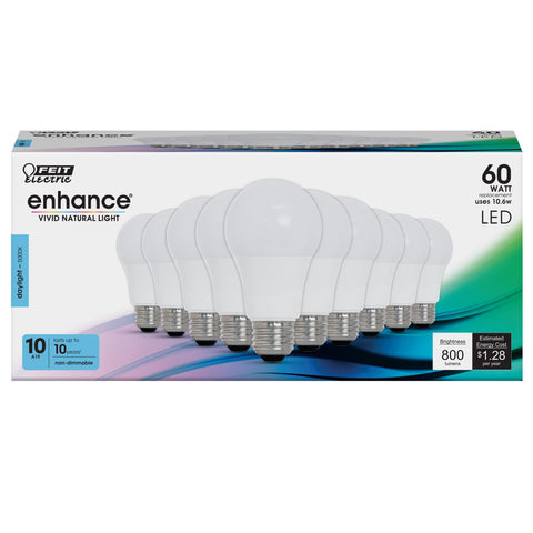 Feit Electric 10-pack LED bulbs packaging highlighting long life and energy savings
