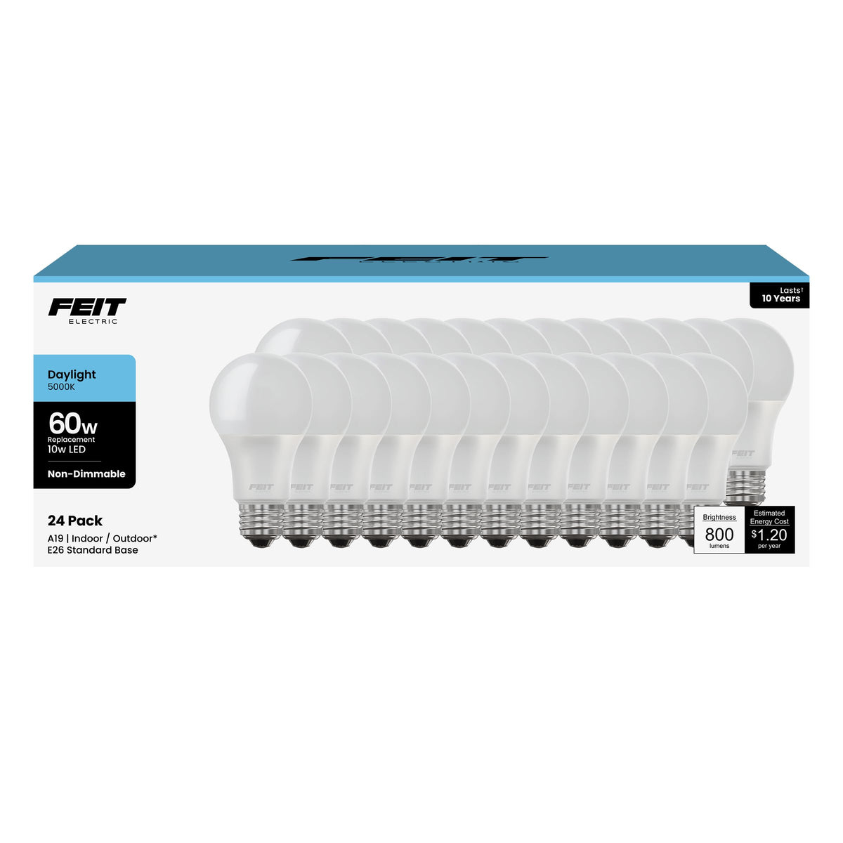 Feit Electric A19 LED bulbs 24-pack delivering 800 lumens for bright, energy-efficient lighting.