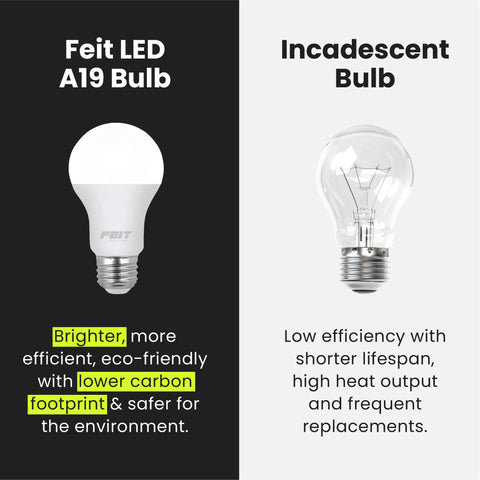 Feit Electric A19 LED bulbs instant-on brightness without warm-up delay.