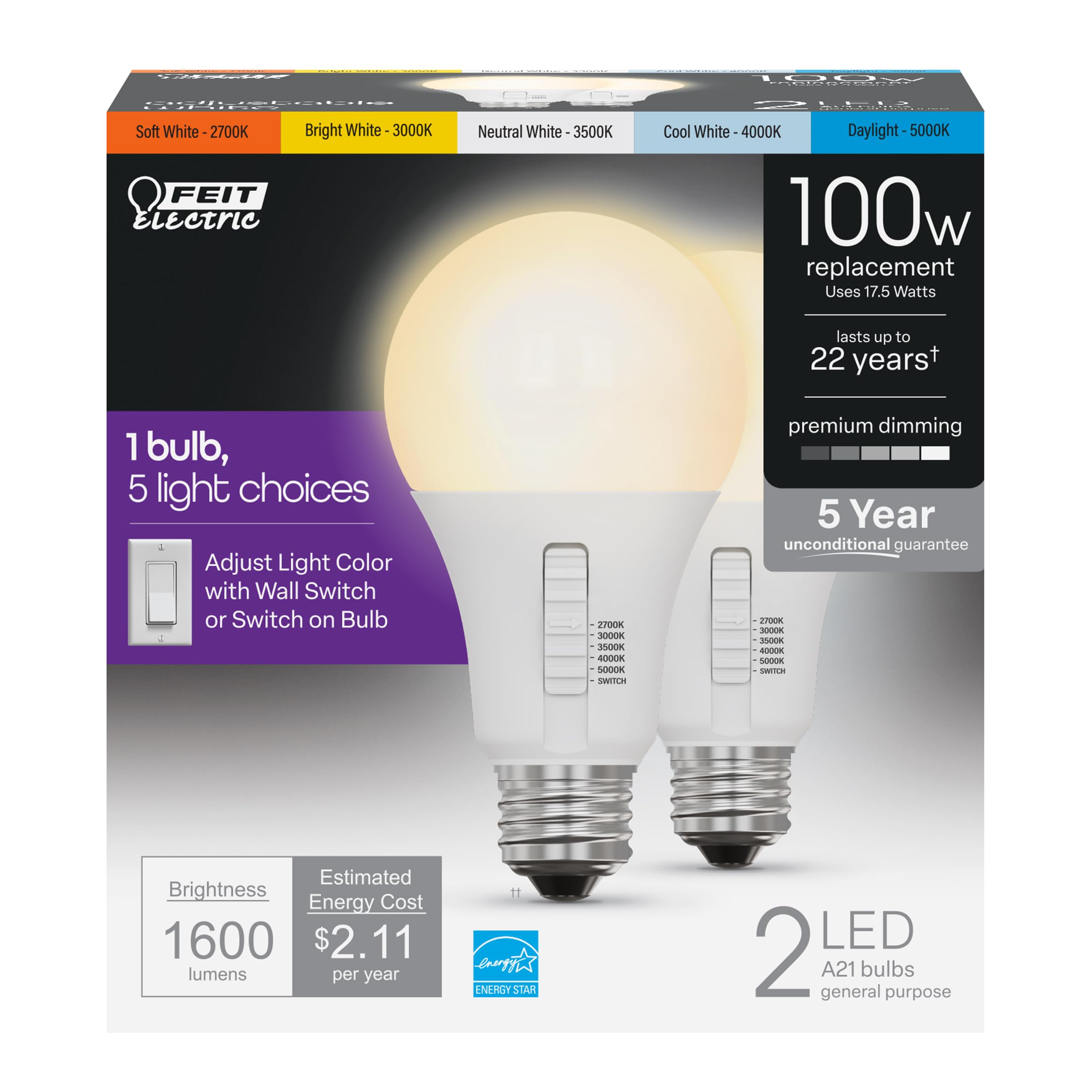 Feit Electric A21 2-pack box for energy-saving lighting.