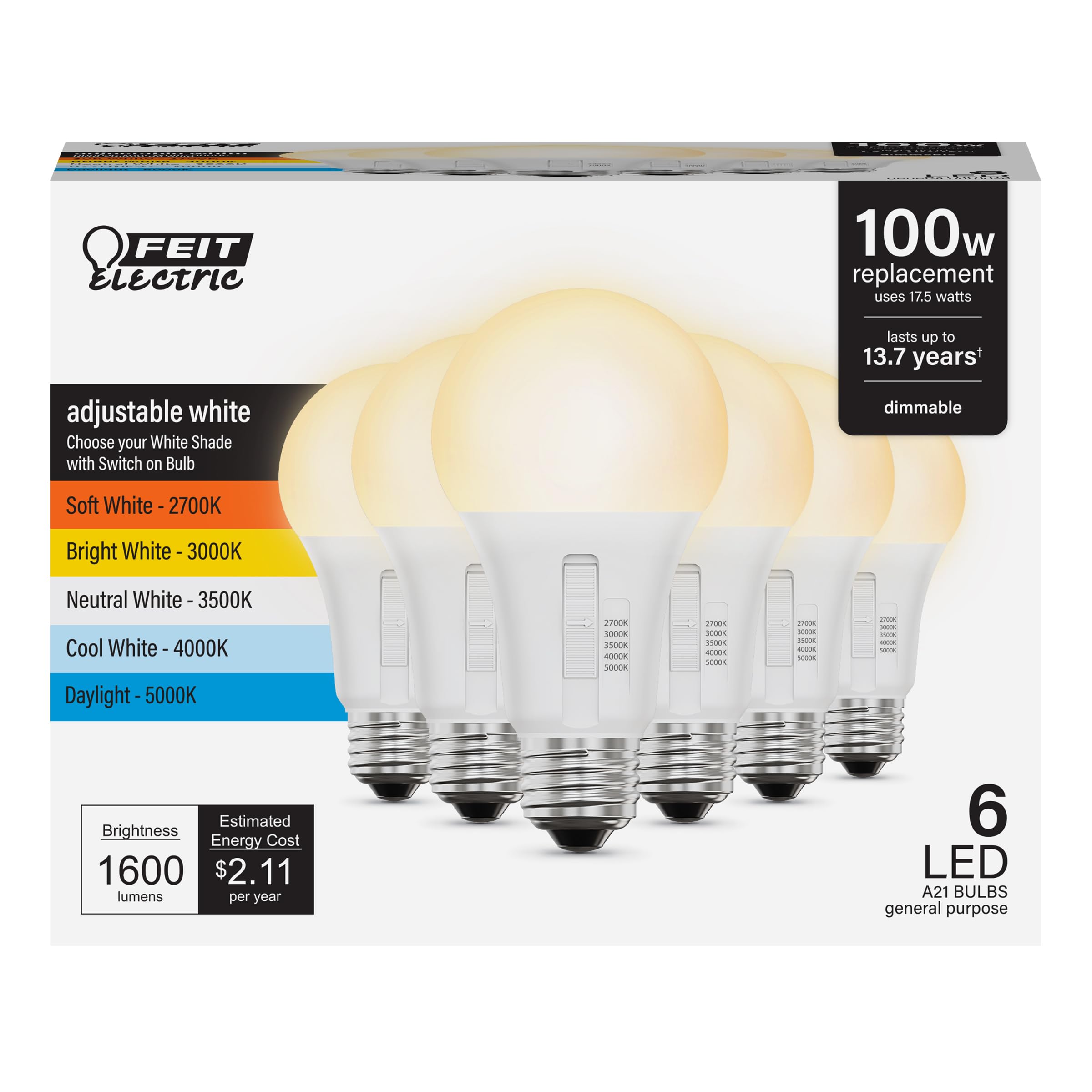 Feit Electric A21 LED bulb at 2700K warm glow, ideal for cozy living areas