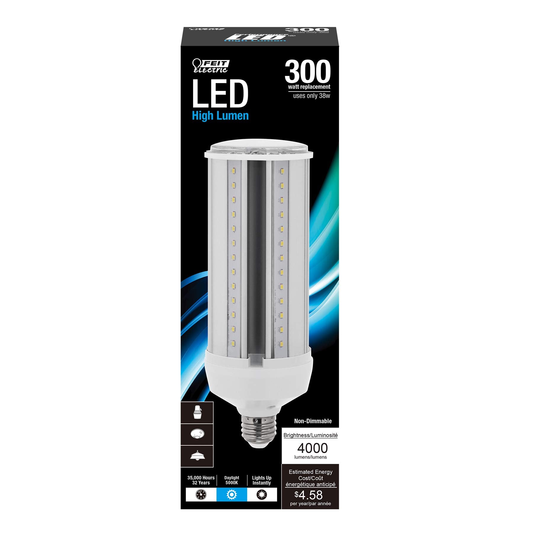 Feit Electric corn cob bulb in workshop showing 4000-lumen daylight output
