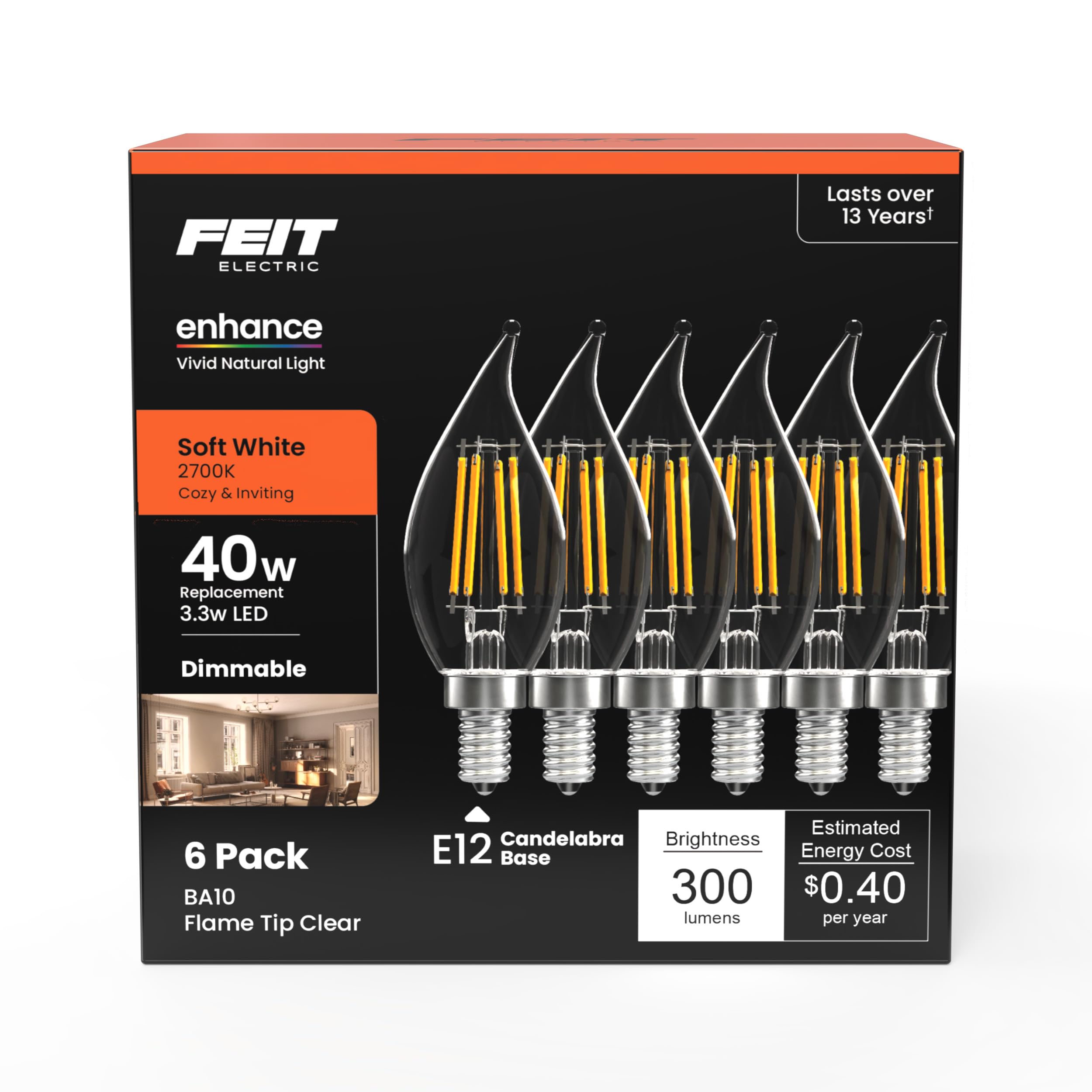 Feit Electric candle bulb 2700K soft white for chandeliers and sconces.