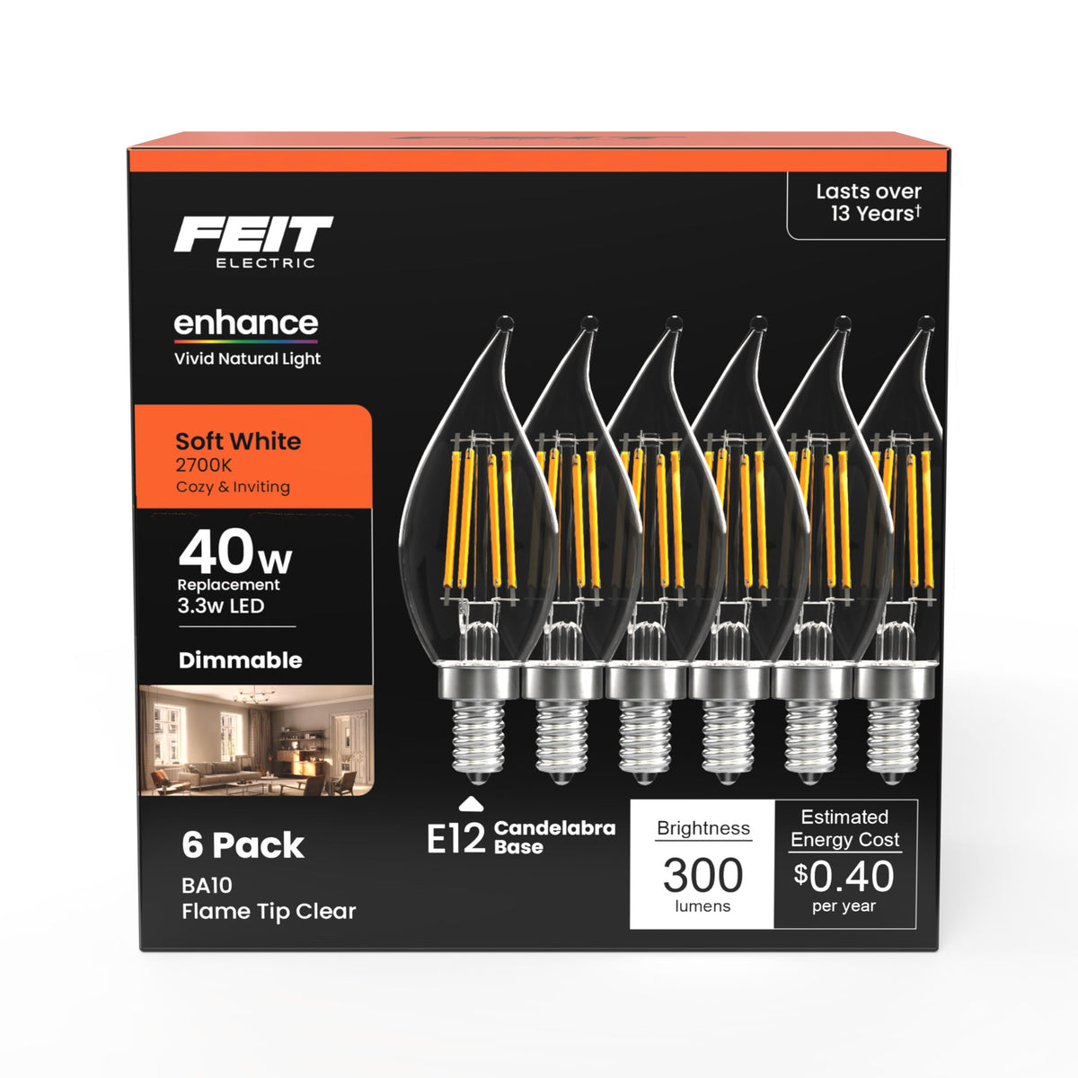 Feit Electric candle bulb 2700K soft white for chandeliers and sconces.