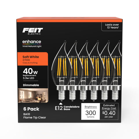 Feit Electric candle bulb 2700K soft white for chandeliers and sconces.