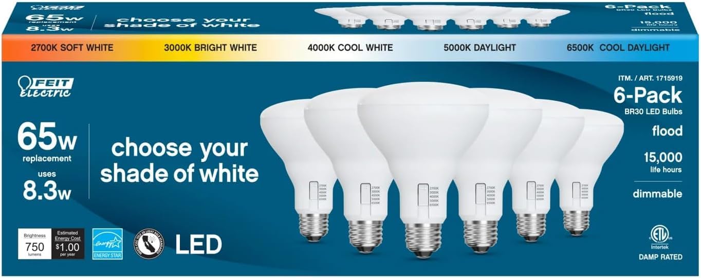 Feit Electric Color Choice BR30 bulb showing adjustable color temperature for any room.