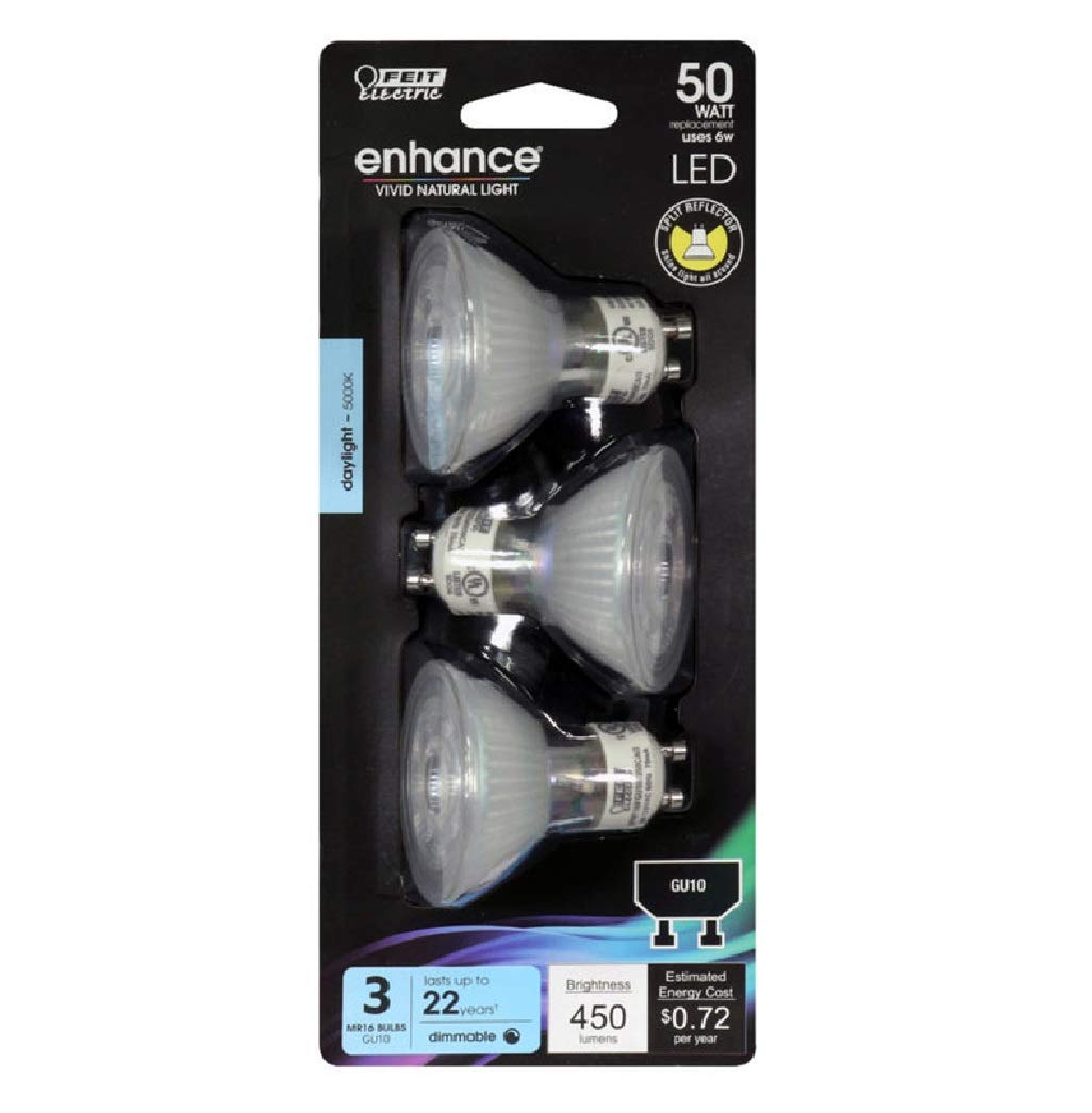 Feit Electric MR16 LED bulb close-up highlighting compact design and energy efficiency.
