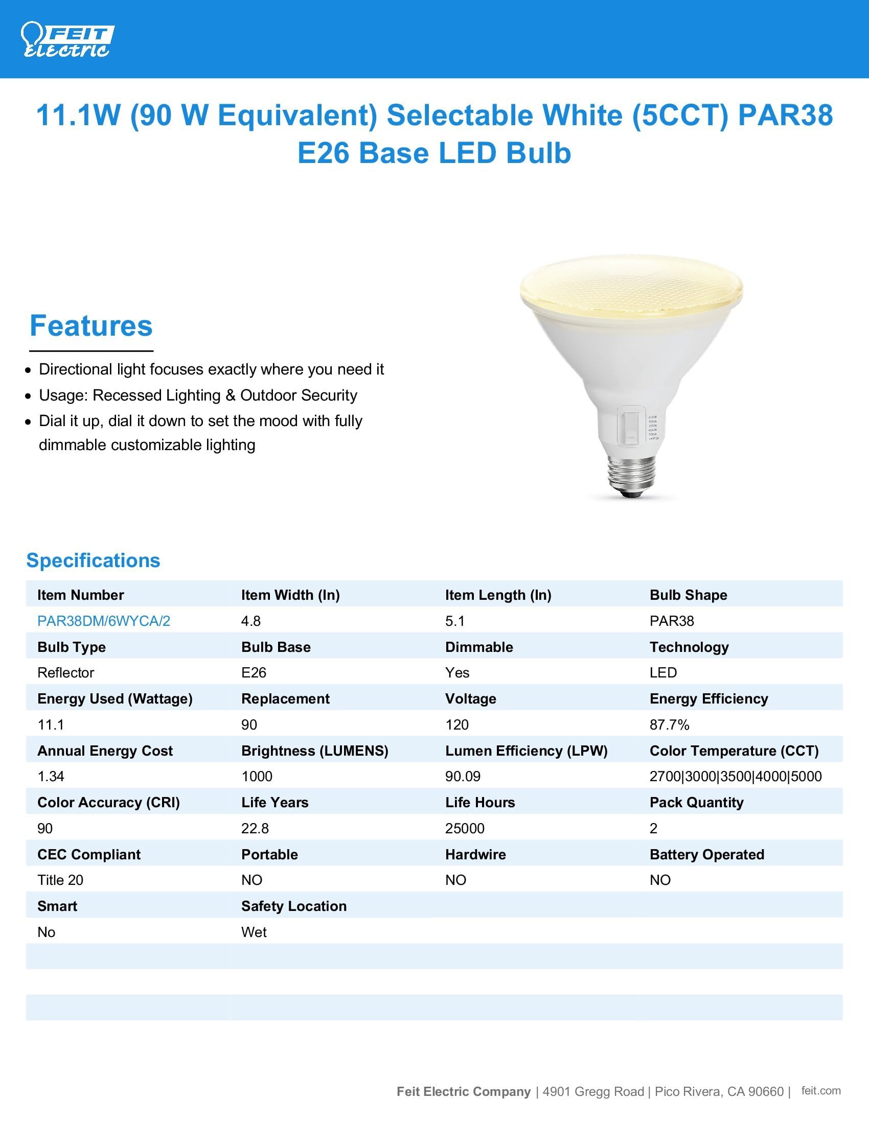 Feit Electric PAR38 uses 11.1W for energy efficiency