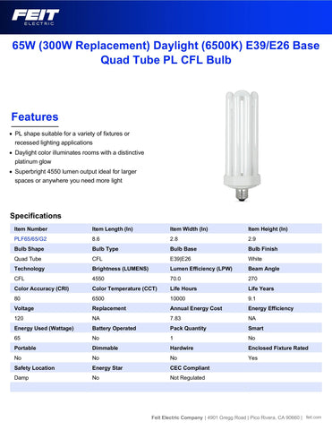 Feit Electric PLF65 with mogul base adapter enables flexible fixture compatibility