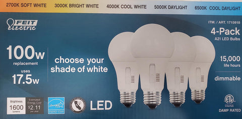 Feit Electric selectable color A21 LED bulb with adjustable white light for customizable home lighting.