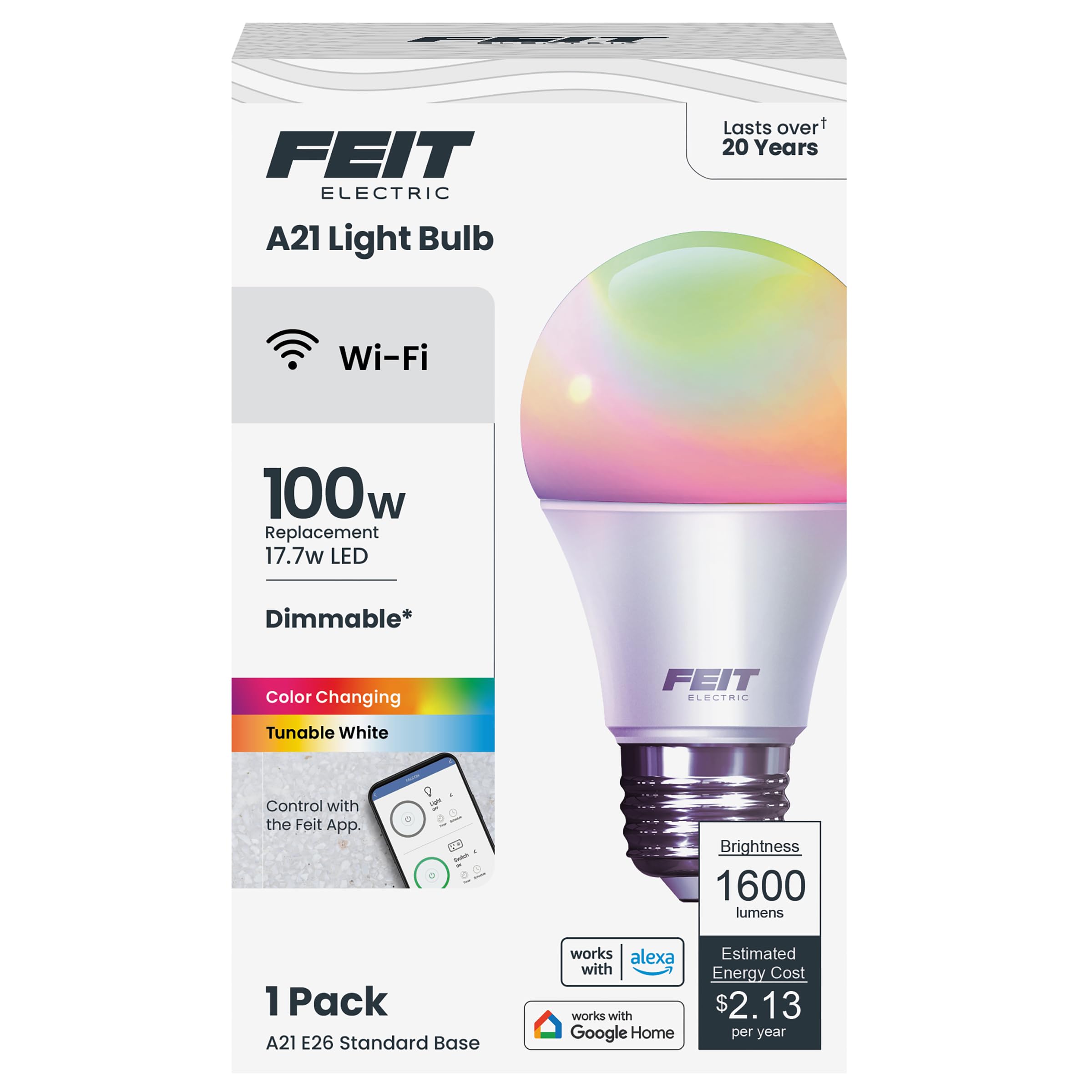 Feit Electric Smart Bulb color-changing living room for mood lighting.