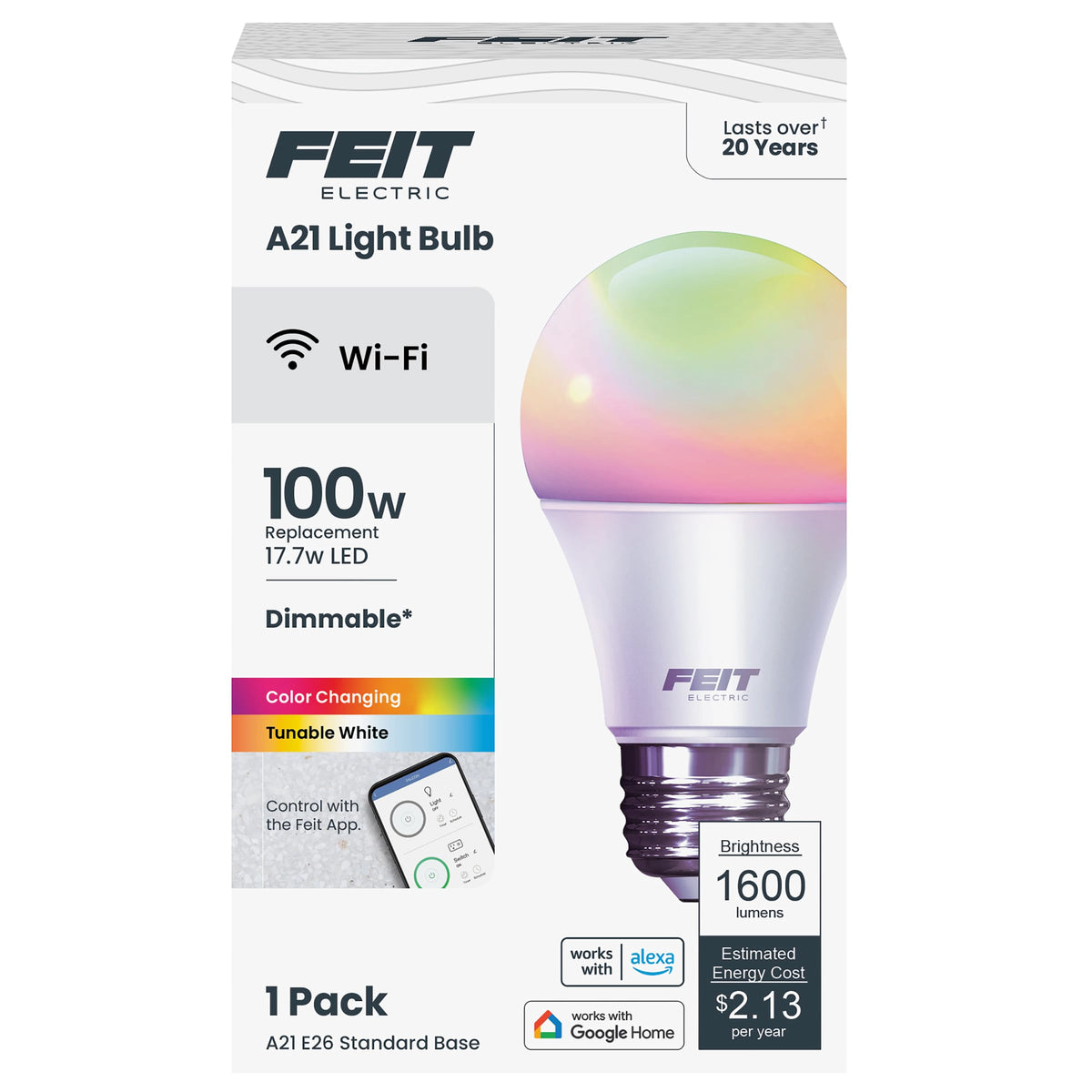 Feit Electric Smart Bulb color-changing living room for mood lighting.