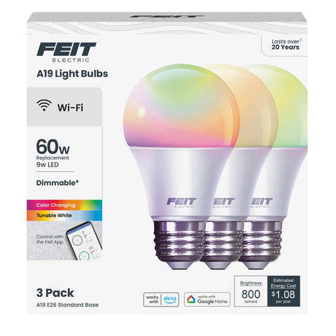 Feit Electric smart bulb in RGBW color-changing mode for vibrant mood lighting.