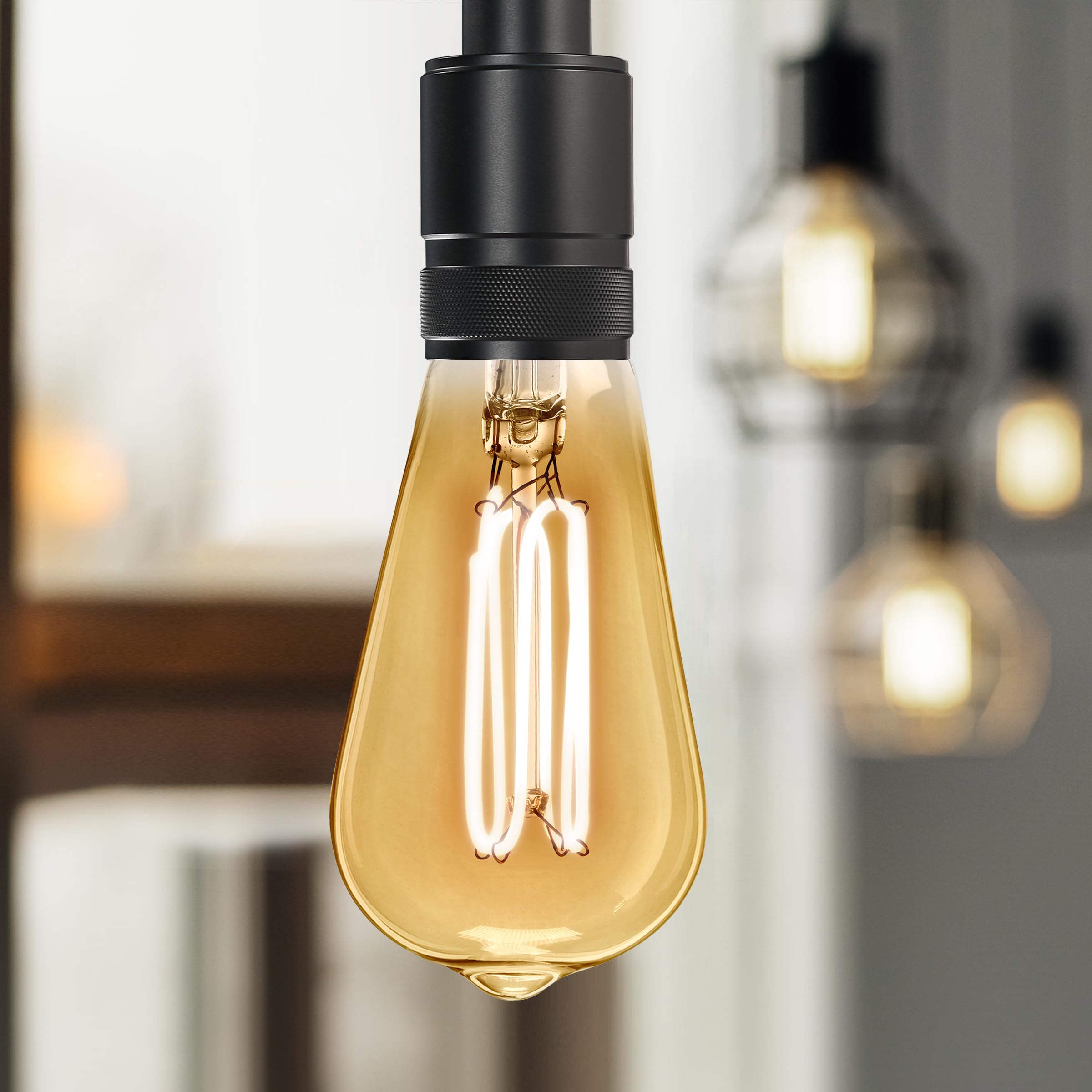Amber glass glow suits cozy cafes and home bars.
