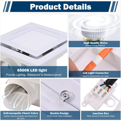 FEITON square fan with LED — close-up of copper motor for durability.