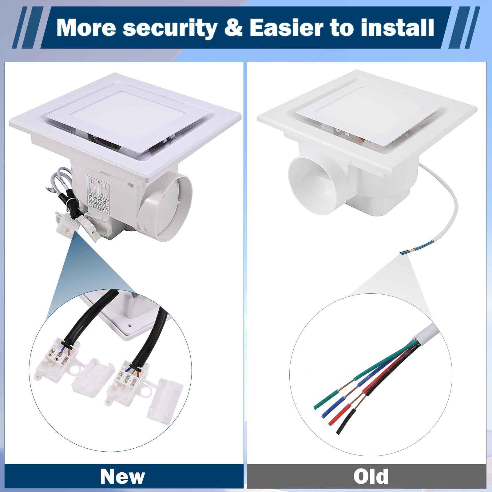 FEITON square fan with LED — dual wiring shown for independent control.