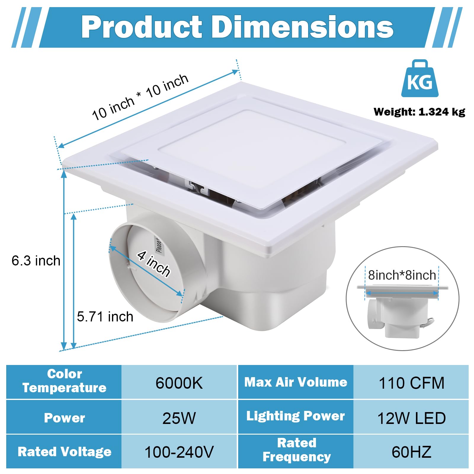 FEITON square fan LED light — illuminated operation shows moisture control in a bathroom.