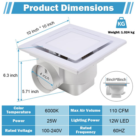 FEITON square fan LED light — illuminated operation shows moisture control in a bathroom.