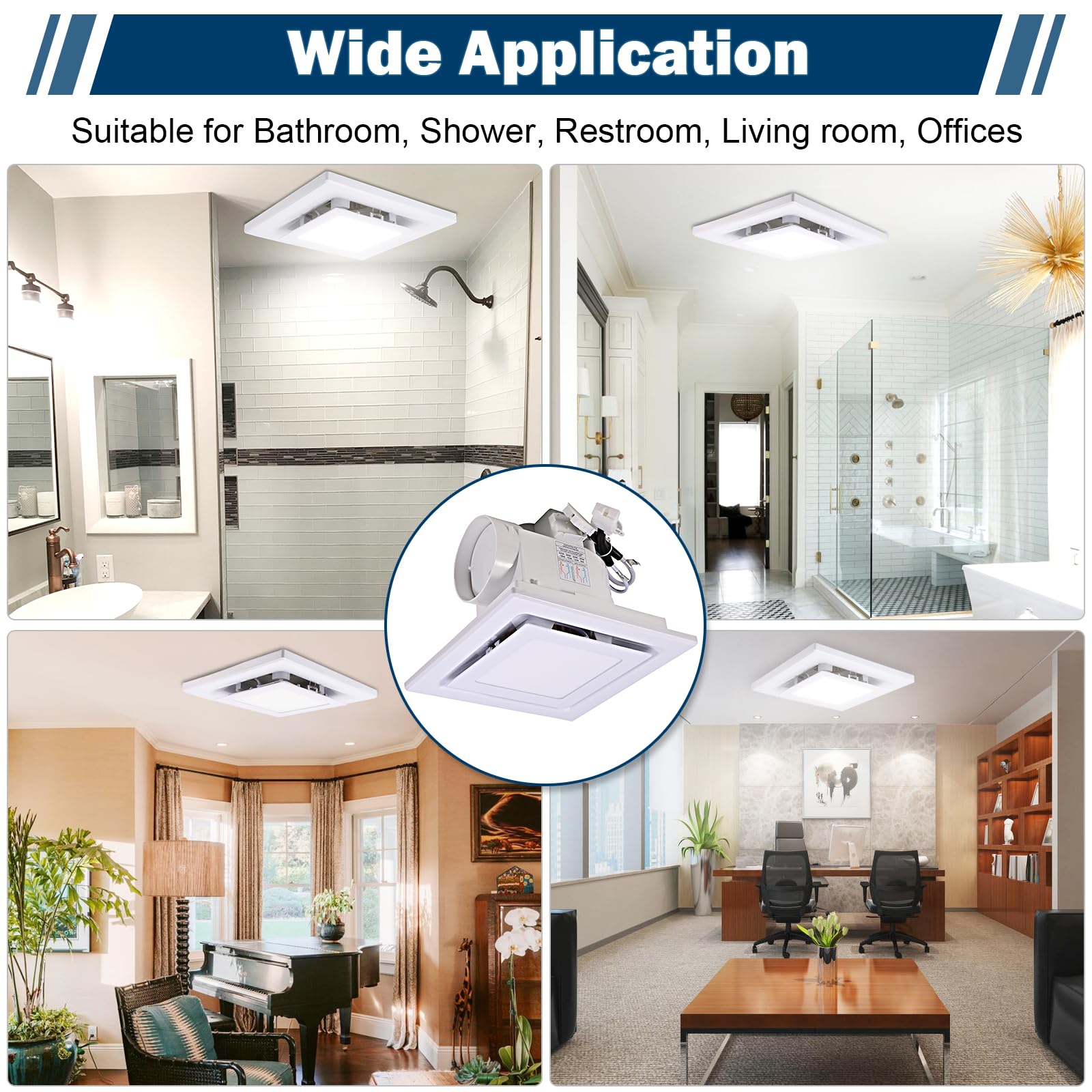 FEITON square fan LED light — quiet operation during daily bathroom routines.