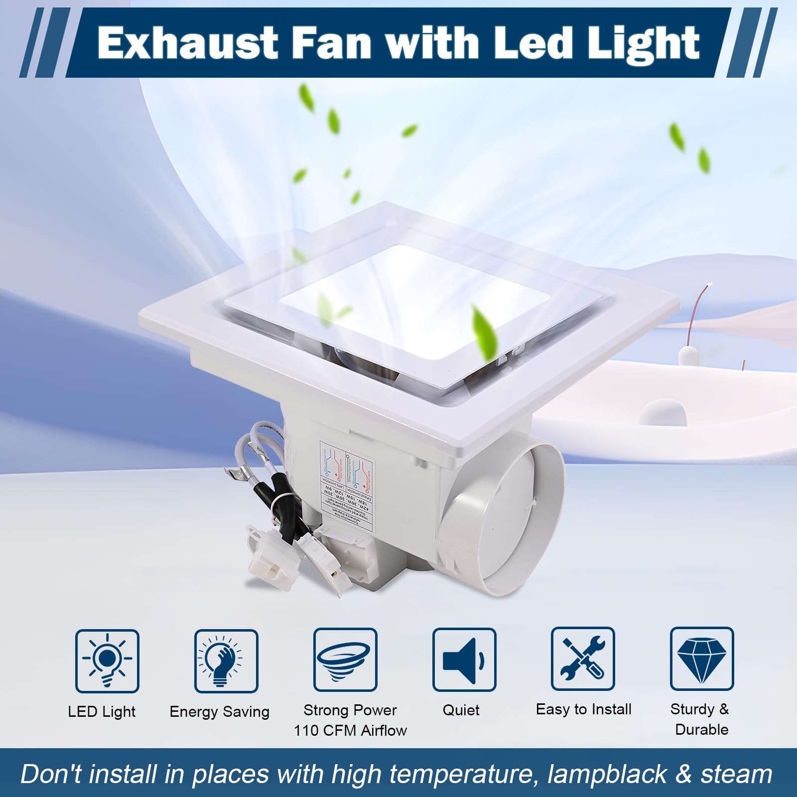 FEITON square fan LED light — side view highlights sleek housing and independent controls for the bath.