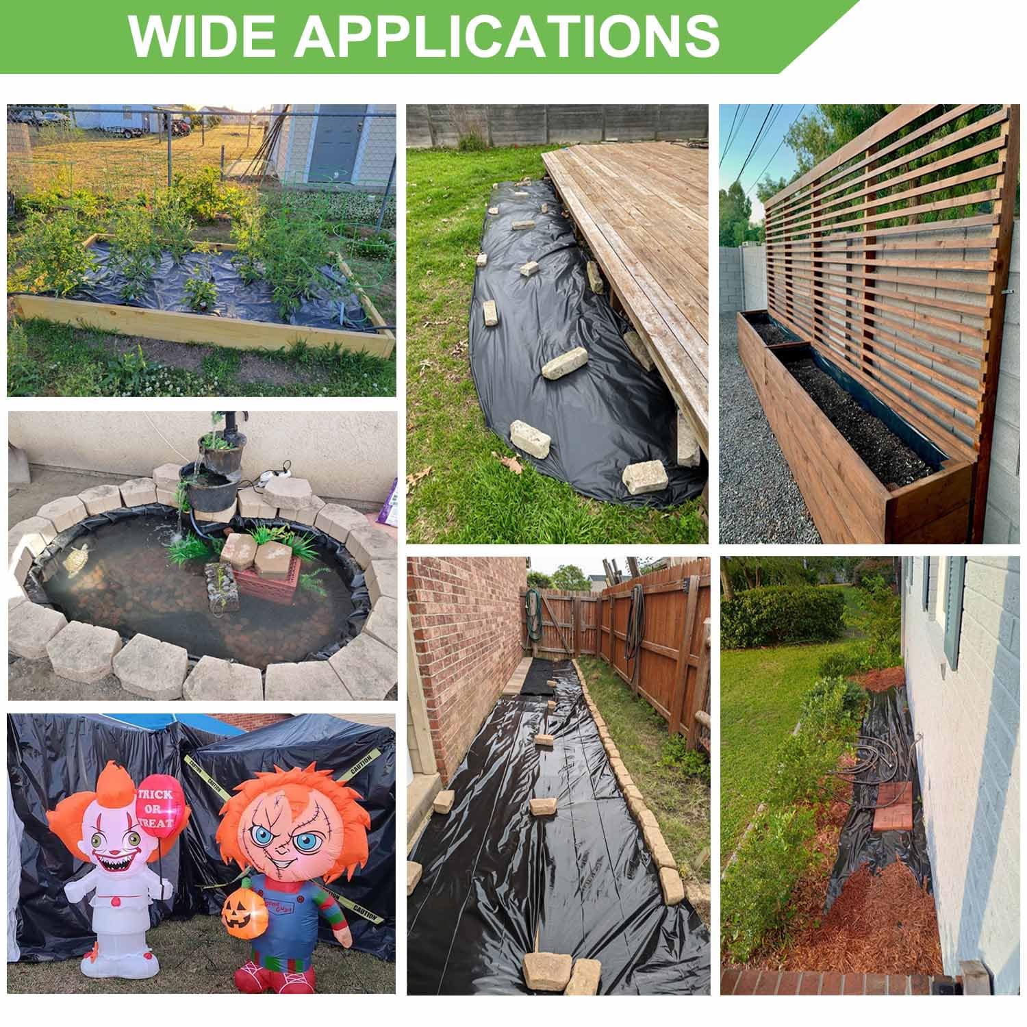 Feitore 4 Mil black plastic sheeting covers garden beds to warm soil and suppress weeds