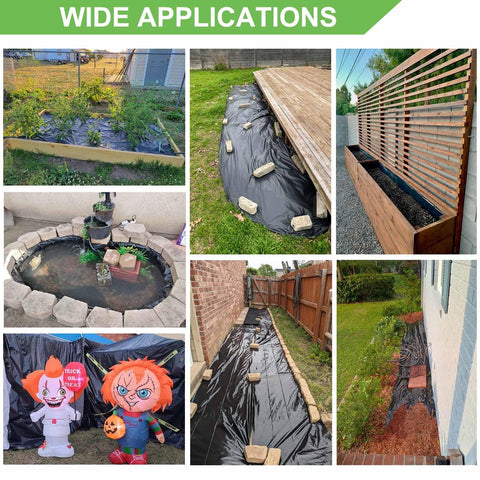 Feitore 4 Mil black plastic sheeting covers garden beds to warm soil and suppress weeds