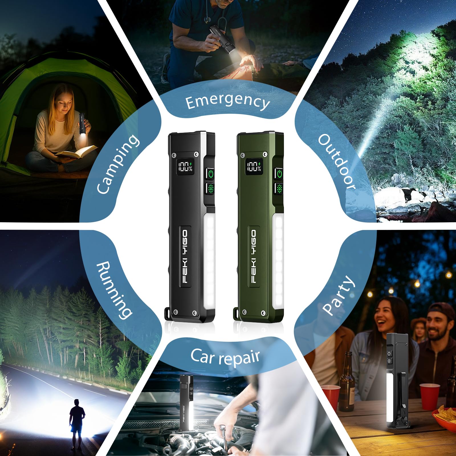 Feki Yigo compact flashlight ideal for camping and emergencies.